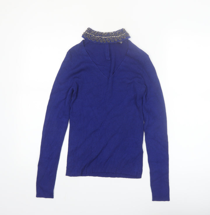 Oasis Women's Blue Beaded Collar V-Neck Slim Fit Jumper Size S
