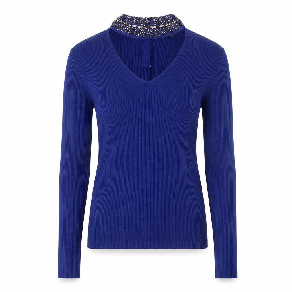 Front view of Oasis Women's Blue Beaded Collar V-Neck Slim Fit Jumper, size S