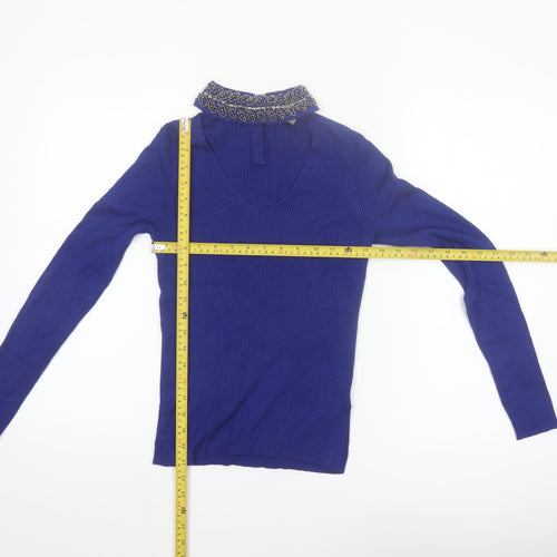 Oasis Women's Blue Beaded Collar V-Neck Slim Fit Jumper Size S