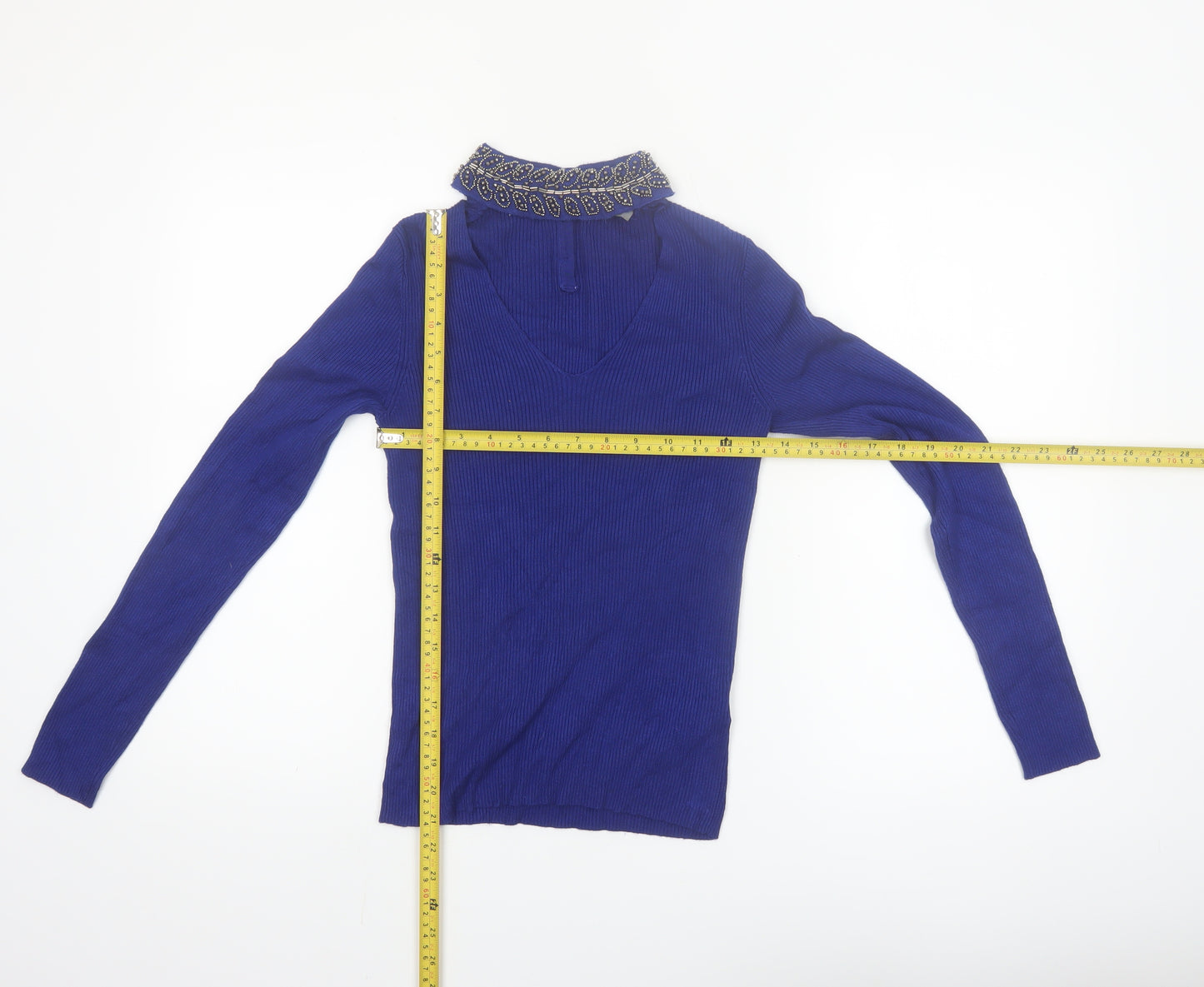 Oasis Women's Blue Beaded Collar V-Neck Slim Fit Jumper Size S