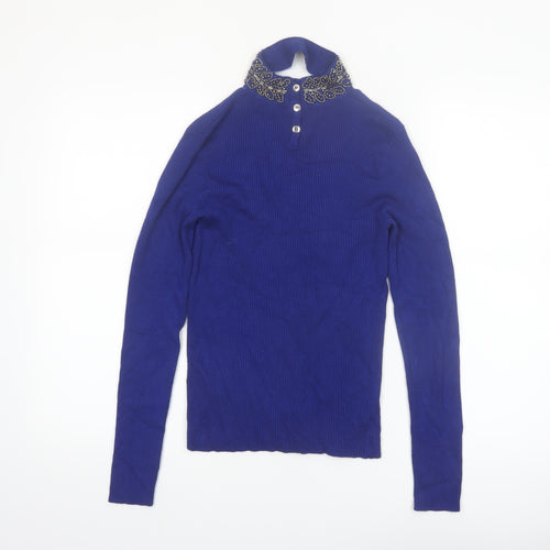 Oasis Women's Blue Beaded Collar V-Neck Slim Fit Jumper Size S