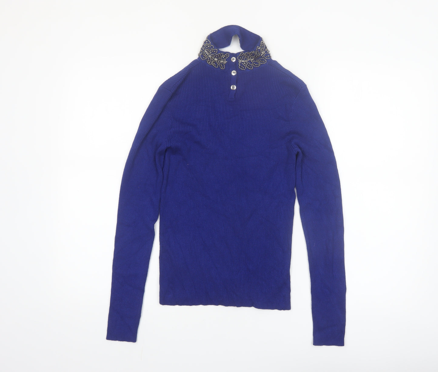 Oasis Women's Blue Beaded Collar V-Neck Slim Fit Jumper Size S