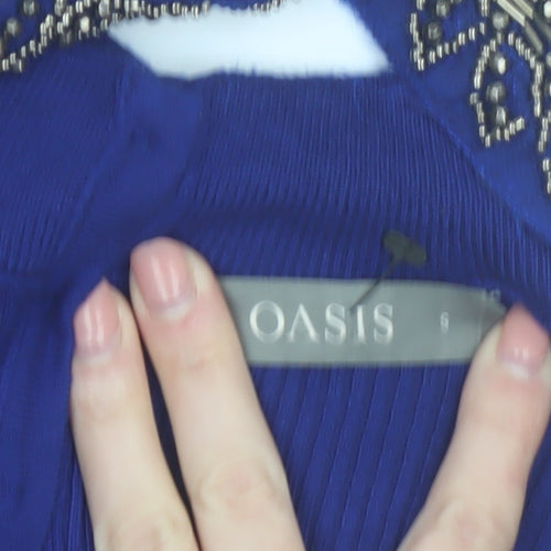 Oasis Women's Blue Beaded Collar V-Neck Slim Fit Jumper Size S