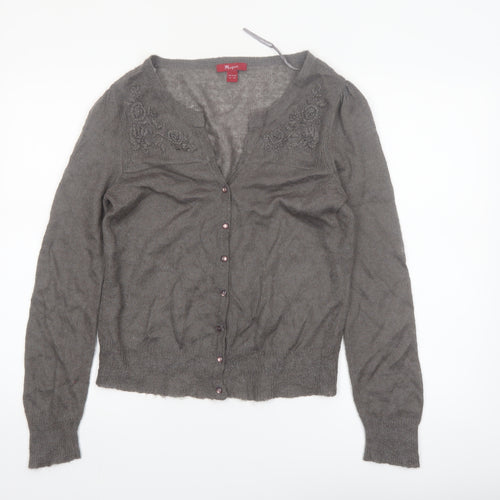 Monsoon Women Grey V-Neck Embroidered Cardigan Size 12