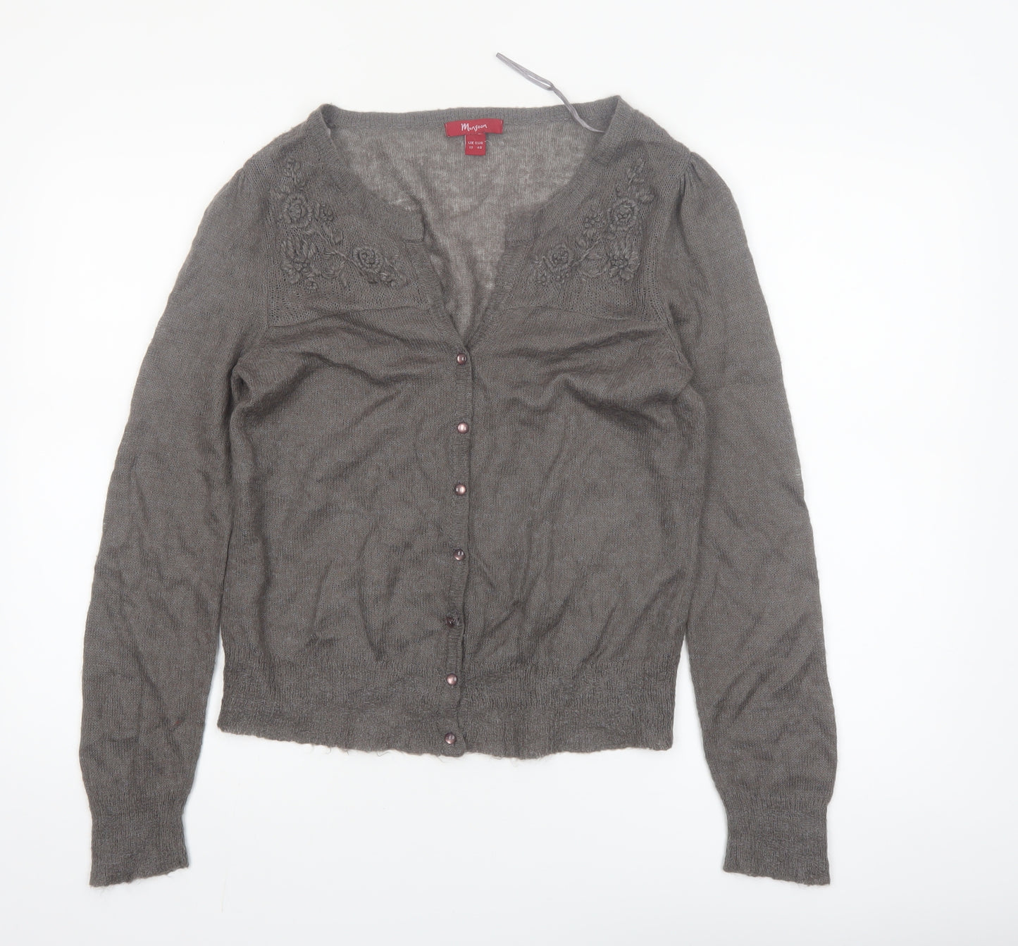 Monsoon Women Grey V-Neck Embroidered Cardigan Size 12