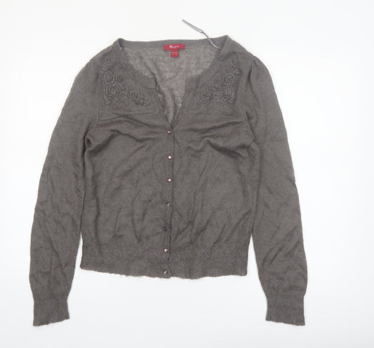 Monsoon Women Grey V-Neck Embroidered Cardigan Size 12