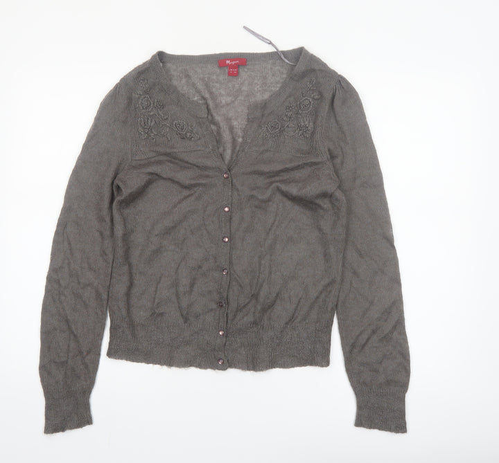 Monsoon Women Grey V-Neck Embroidered Cardigan Size 12