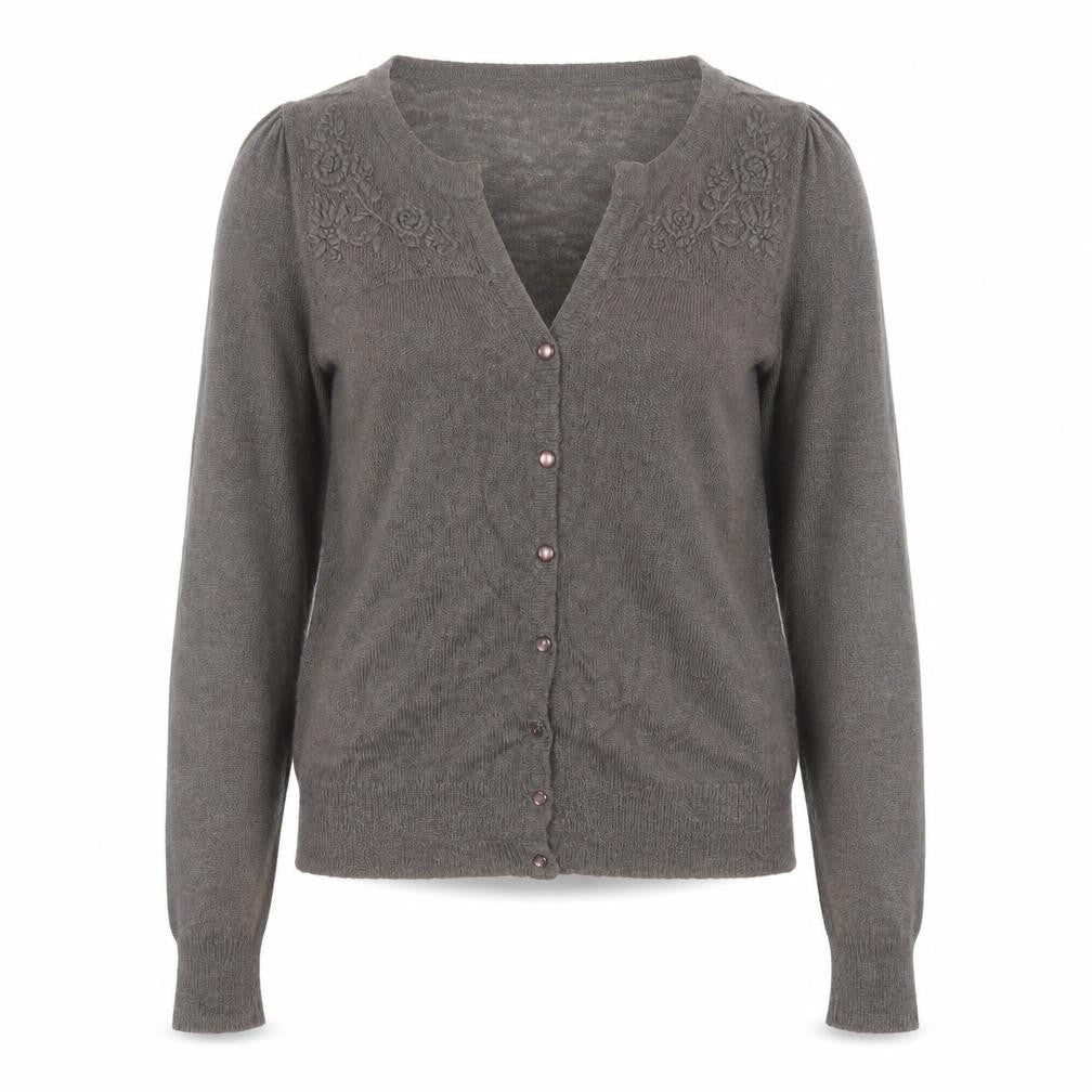 Front view of Monsoon Women Grey V-Neck Embroidered Cardigan, size 12