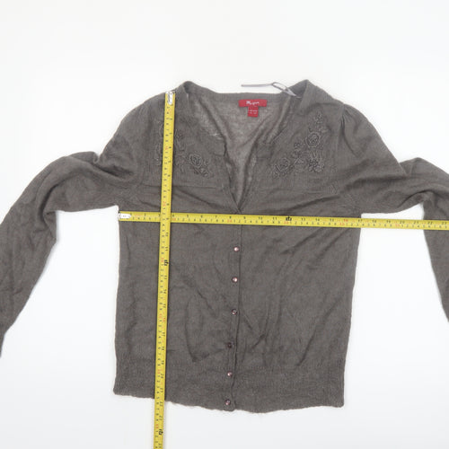 Monsoon Women Grey V-Neck Embroidered Cardigan Size 12