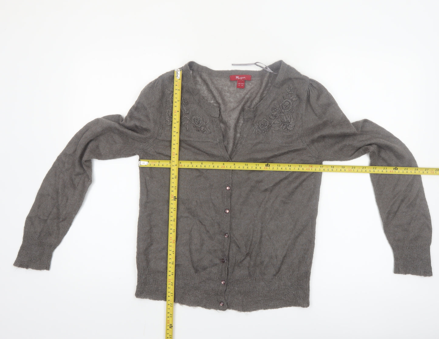 Monsoon Women Grey V-Neck Embroidered Cardigan Size 12