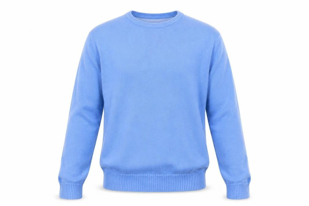 Front view of Woolovers Men's Blue Cotton Crew Neck jumper XL