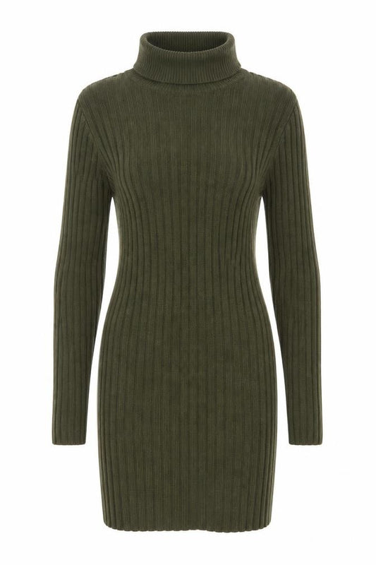 Front view of Brave Soul Women Green Roll Neck Ribbed Knit Jumper Dress L