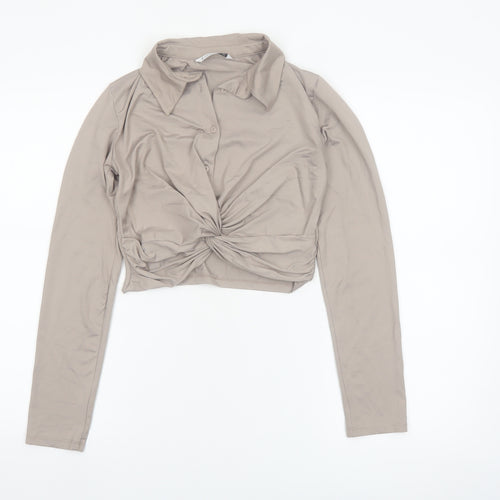 Stradivarius Women Beige Cropped Collared Long Sleeve Blouse Size 8