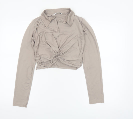 Stradivarius Women Beige Cropped Collared Long Sleeve Blouse Size 8