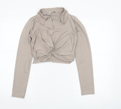Stradivarius Women Beige Cropped Collared Long Sleeve Blouse Size 8