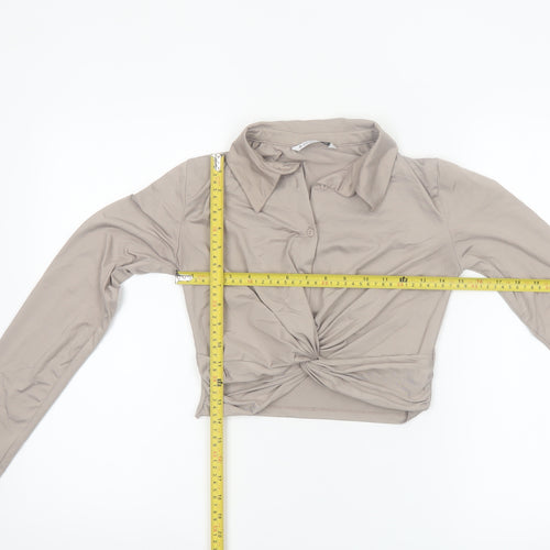 Stradivarius Women Beige Cropped Collared Long Sleeve Blouse Size 8