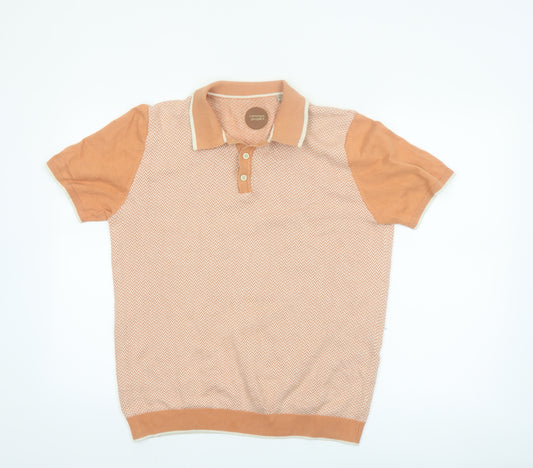 Common People Men's Orange Geometric Knit Polo Shirt Size M