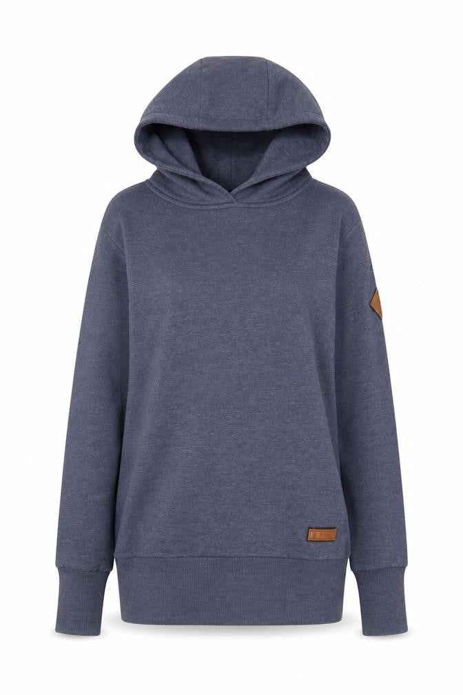 Front view of Naketano Women's Blue Pullover Hoodie, size S, Deer Print Cotton Blend