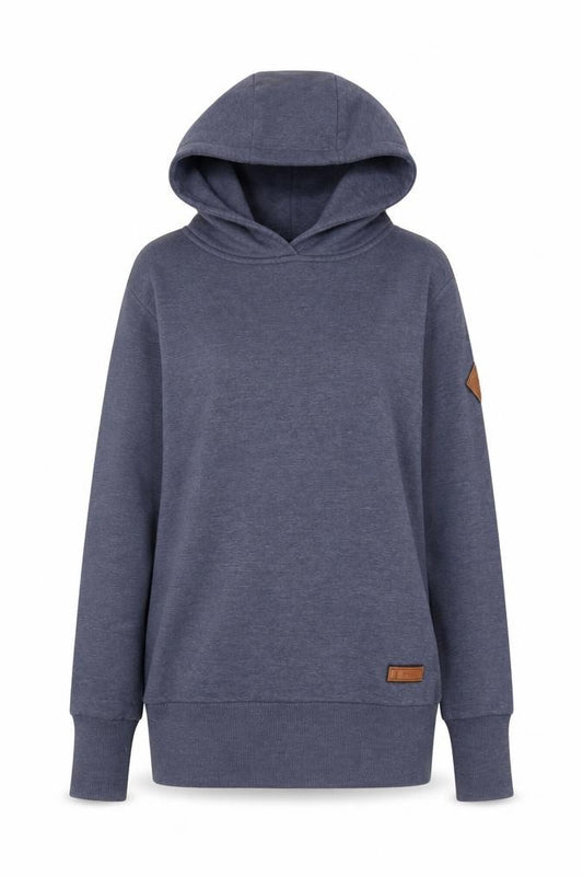 Front view of Naketano Women's Blue Pullover Hoodie, size S, Deer Print Cotton Blend