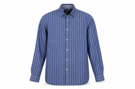Front view of Tommy Hilfiger Men's Blue Striped Cotton Button-Up Shirt XS