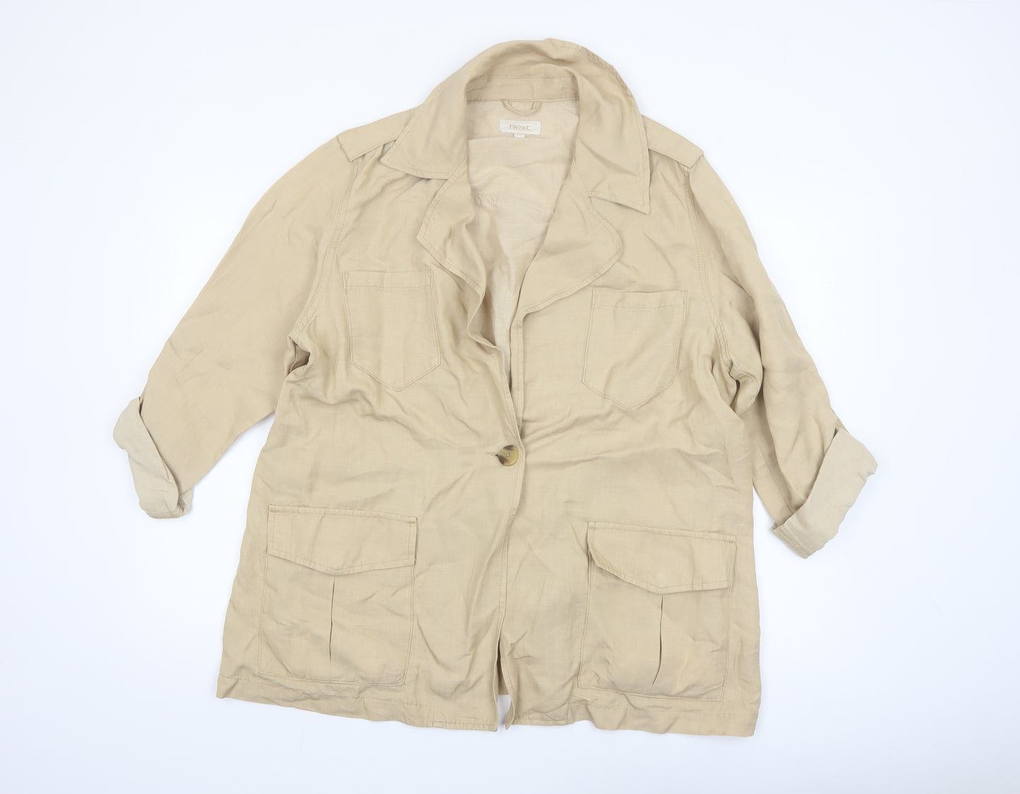 Next Women Beige Linen Blend Mid-Length Jacket Size 18