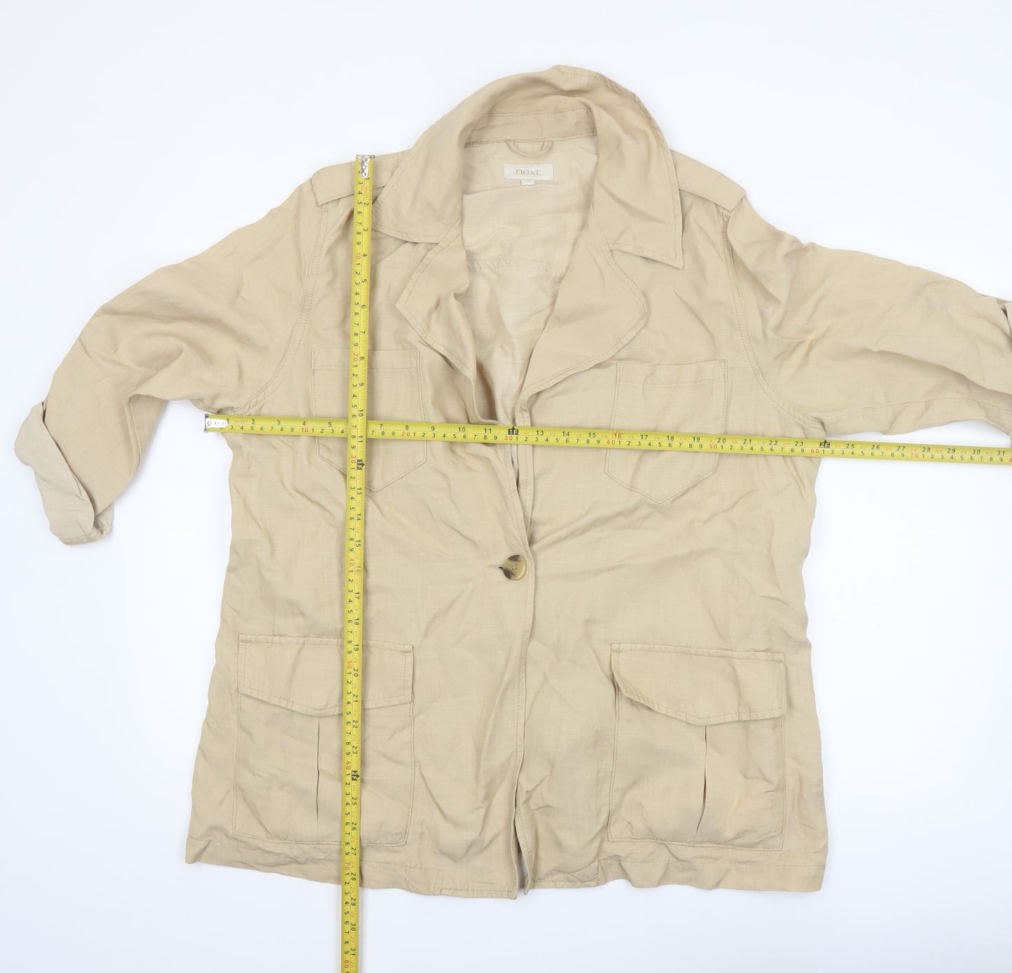 Next Women Beige Linen Blend Mid-Length Jacket Size 18