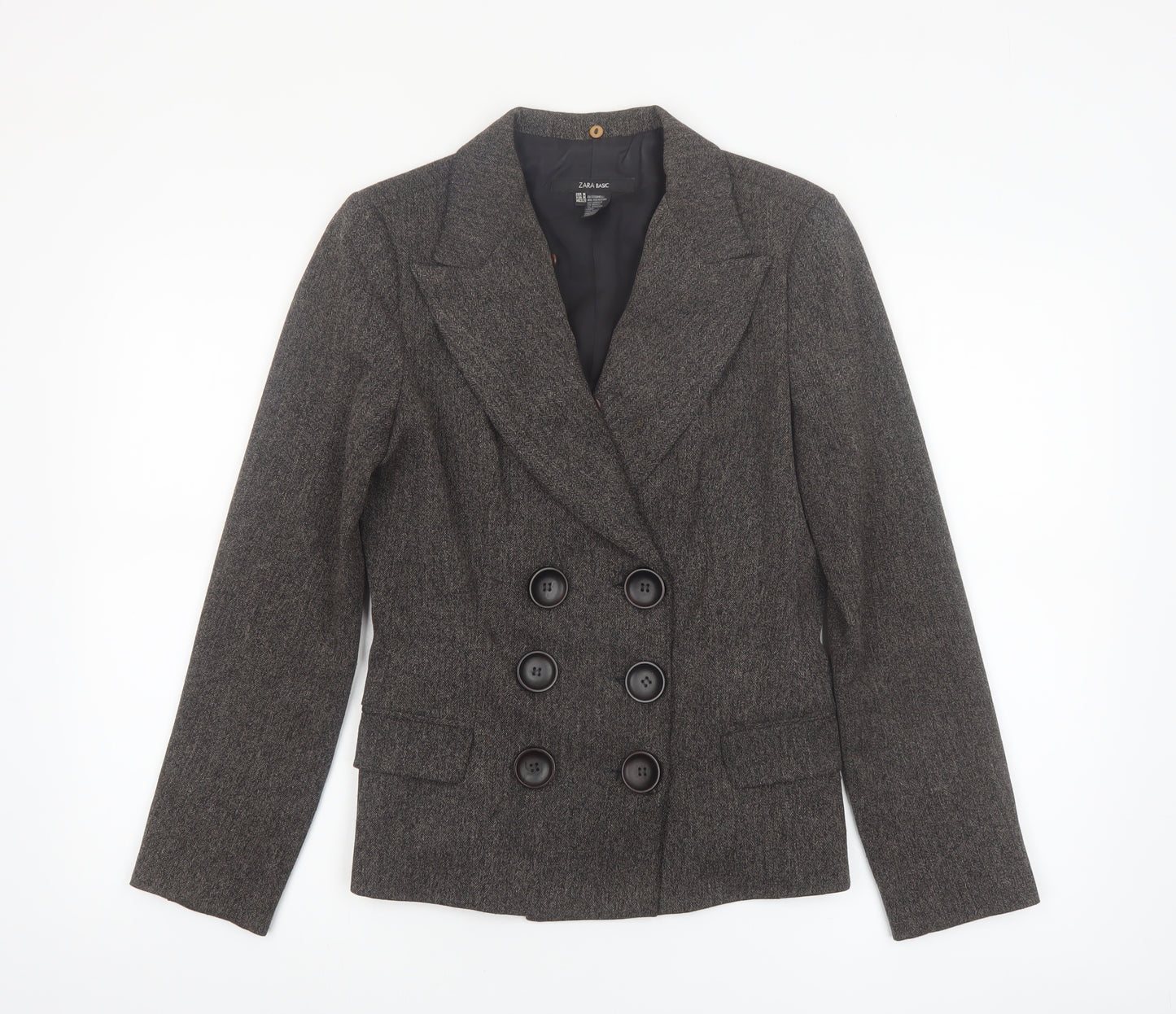 Zara Women Brown Tweed Double-Breasted Blazer M Classic Workwear