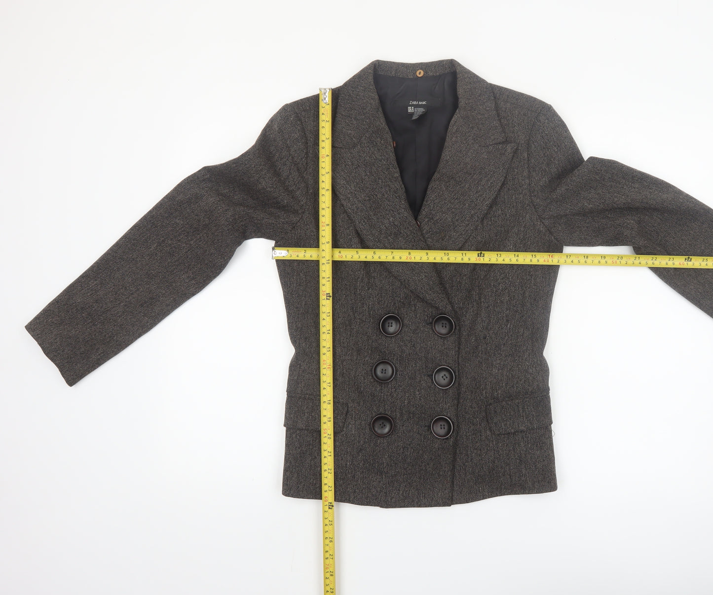 Zara Women Brown Tweed Double-Breasted Blazer M Classic Workwear