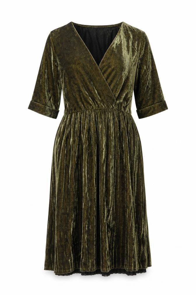 JS Millenium Women’s Green Velvet Pleated Wrap Dress L