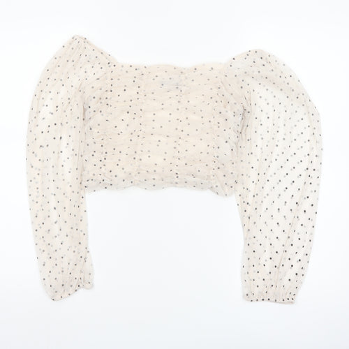 Bershka Womens Ivory Polka Dot Cropped Sheer Blouse Size 12