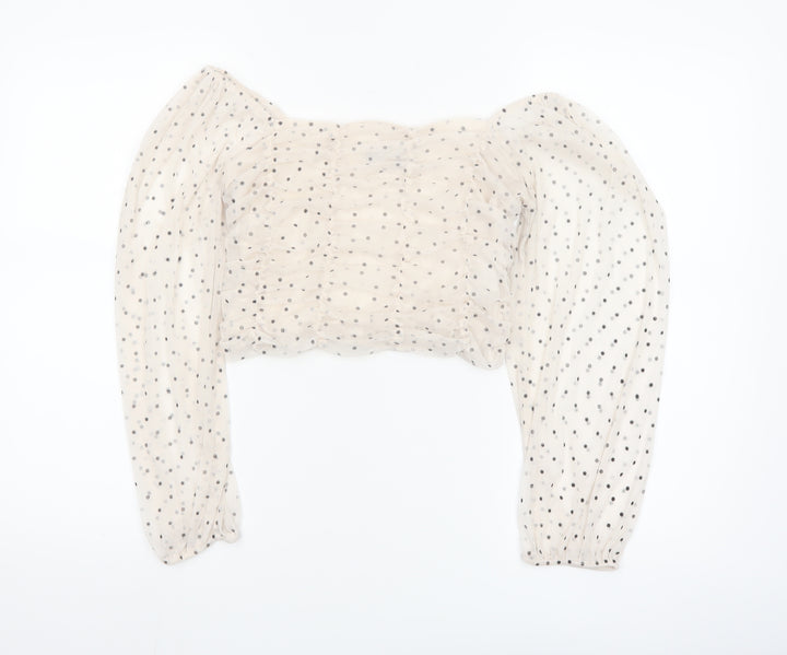 Bershka Womens Ivory Polka Dot Cropped Sheer Blouse Size 12