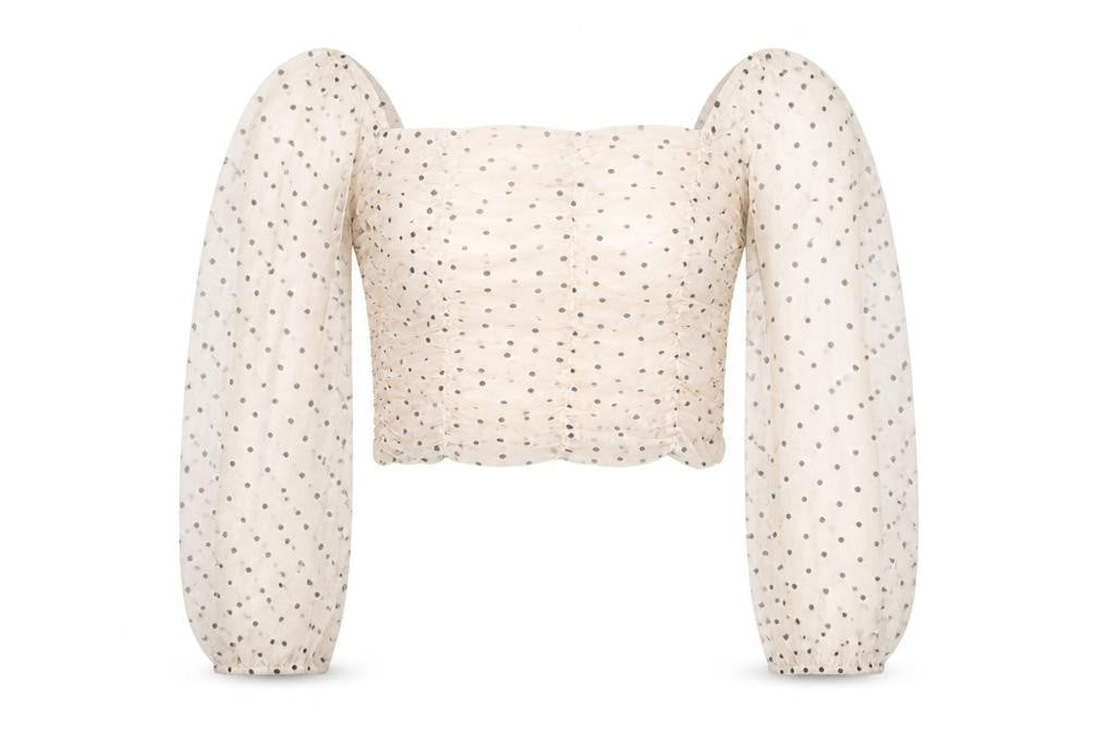 Bershka Womens Ivory Polka Dot Cropped Sheer Blouse Size 12