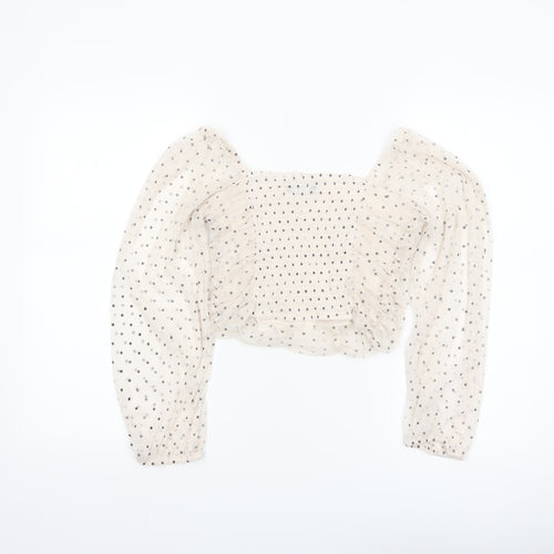 Bershka Womens Ivory Polka Dot Cropped Sheer Blouse Size 12