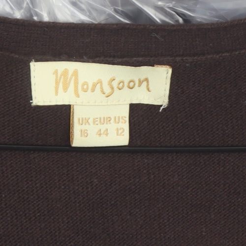 Monsoon Women Brown V-Neck Cardigan UK 16 Cotton Blend Knit