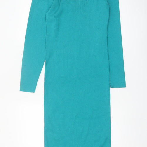 Zara Women Green Knit Bodycon Midi Dress L Long Sleeve