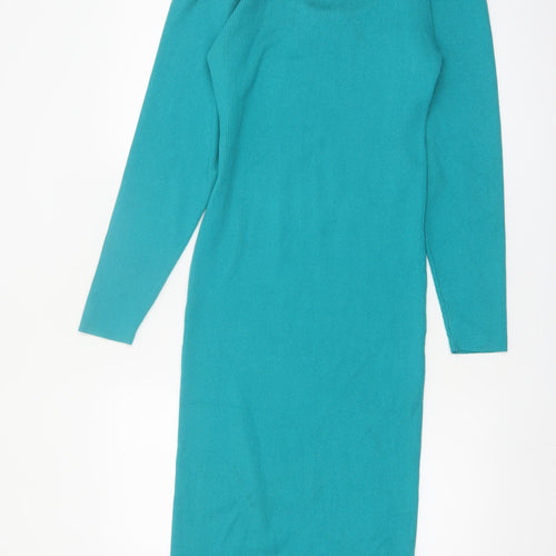 Zara Women Green Knit Bodycon Midi Dress L Long Sleeve