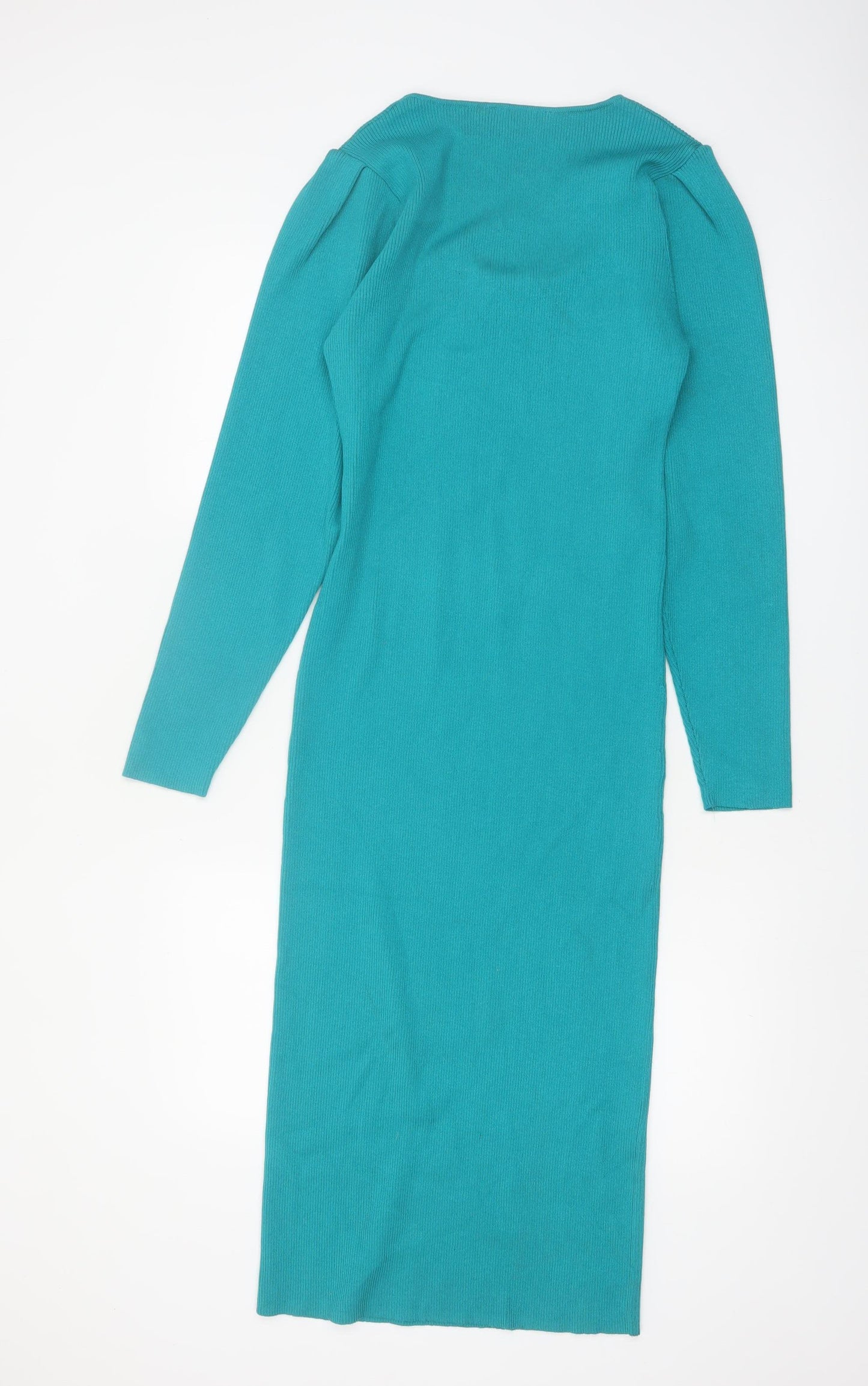 Zara Women Green Knit Bodycon Midi Dress L Long Sleeve