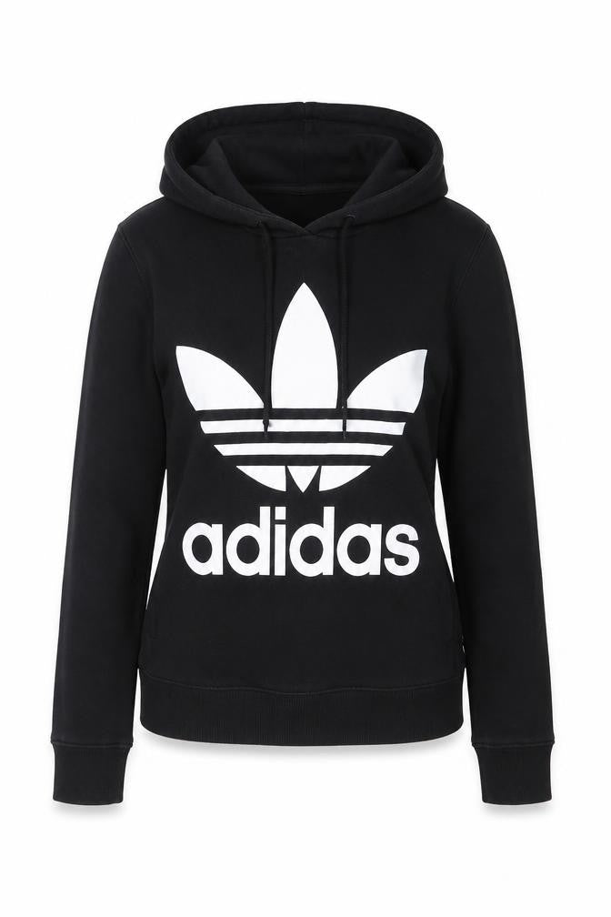 Front view of Adidas Women Black Trefoil Hoodie, size 8, Pullover Cotton Blend