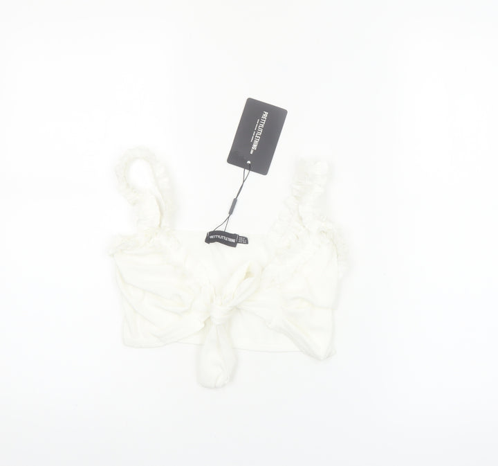 PrettyLittleThing Women’s White Cropped Tie Front Ruffle Strap Top Size 6