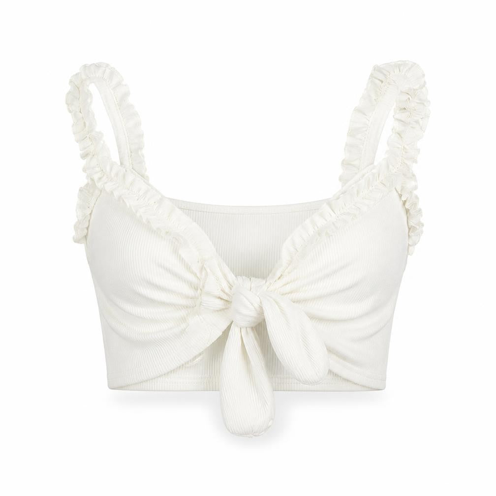Front view of PRETTYLITTLETHING Women’s White Cropped Tie Front Ruffle Strap Top, size UK 6