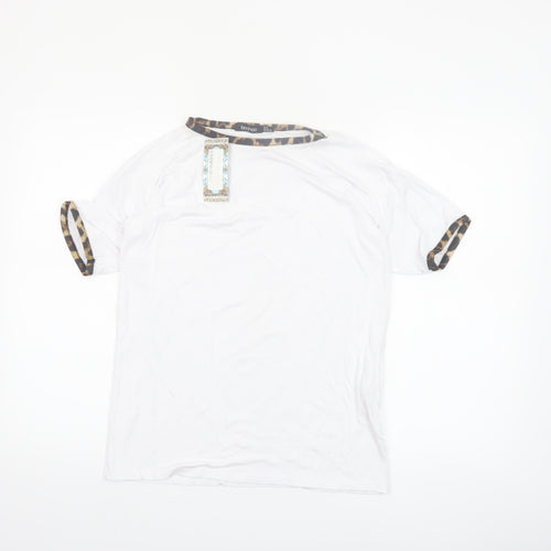 Boohoo Women White Leopard Trim Ringer T-Shirt Size 8