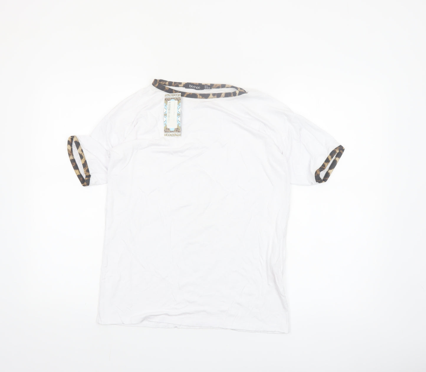 Boohoo Women White Leopard Trim Ringer T-Shirt Size 8