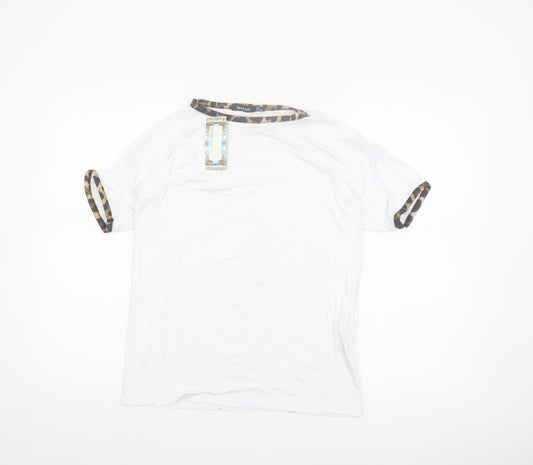 Boohoo Women White Leopard Trim Ringer T-Shirt Size 8