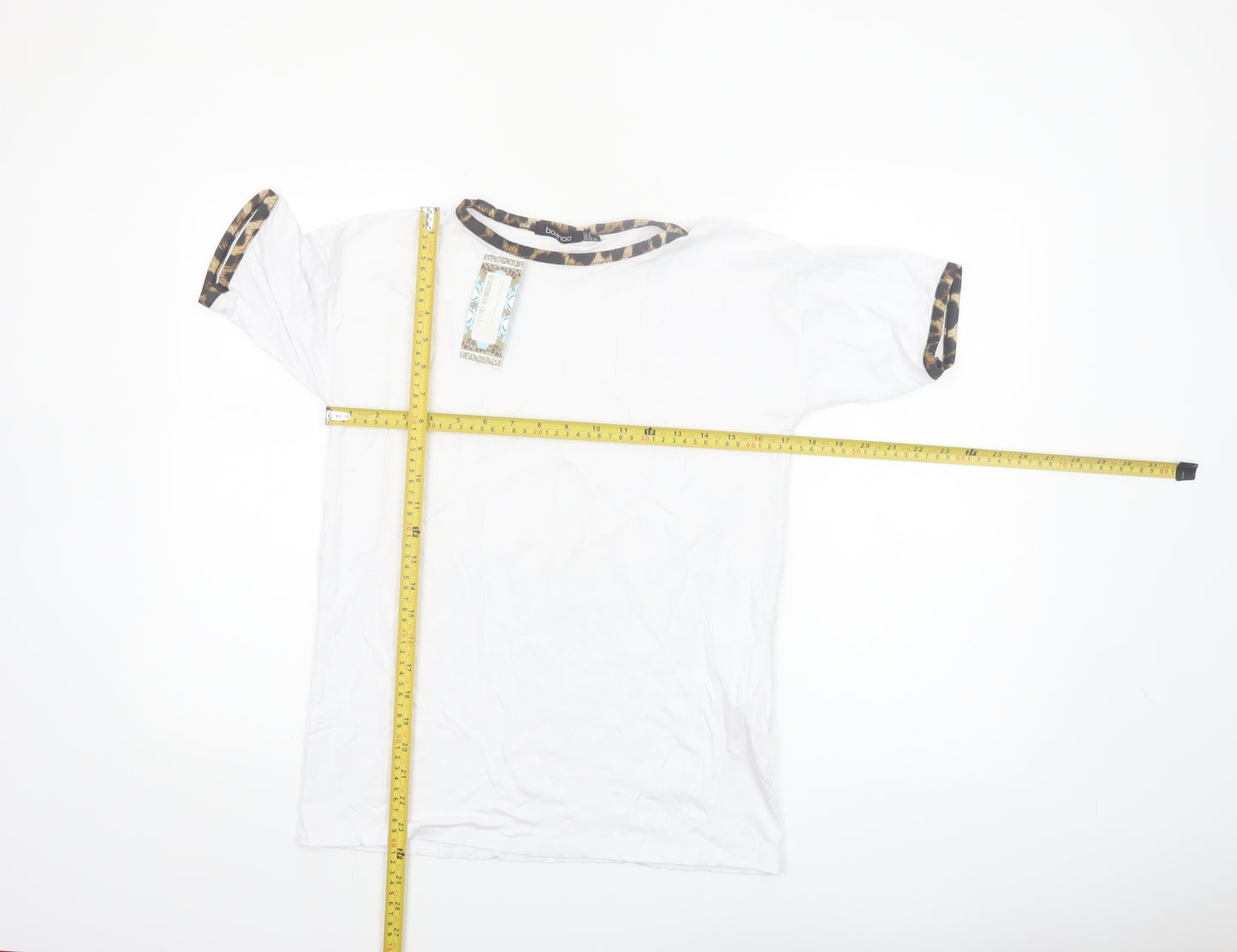Boohoo Women White Leopard Trim Ringer T-Shirt Size 8