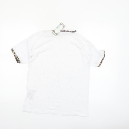 Boohoo Women White Leopard Trim Ringer T-Shirt Size 8