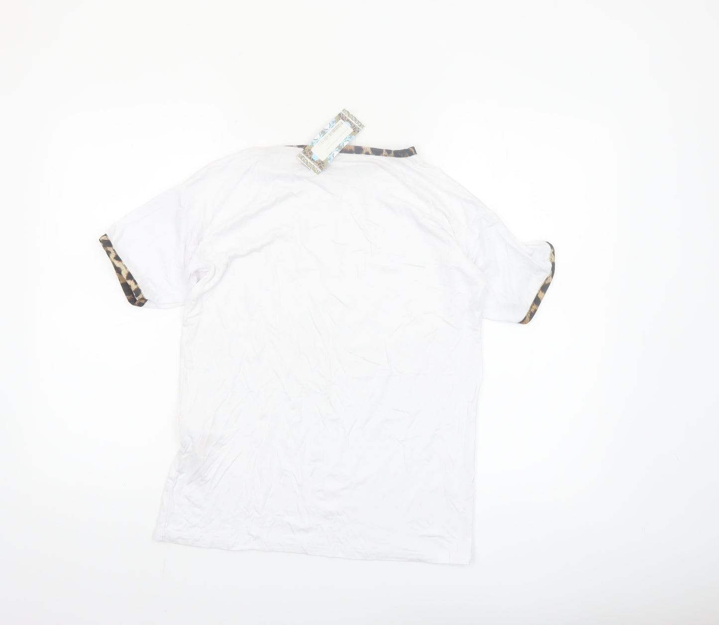 Boohoo Women White Leopard Trim Ringer T-Shirt Size 8