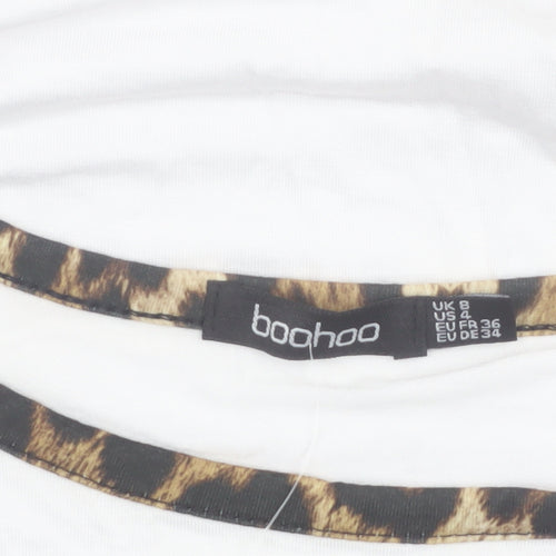 Boohoo Women White Leopard Trim Ringer T-Shirt Size 8