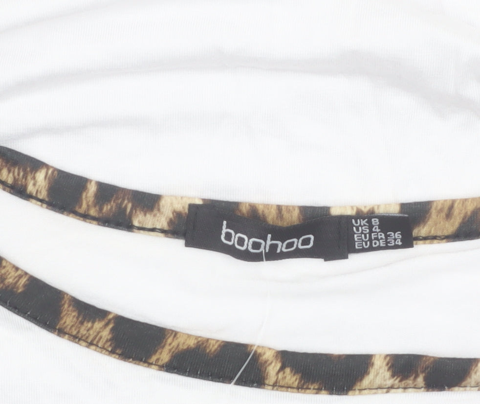 Boohoo Women White Leopard Trim Ringer T-Shirt Size 8