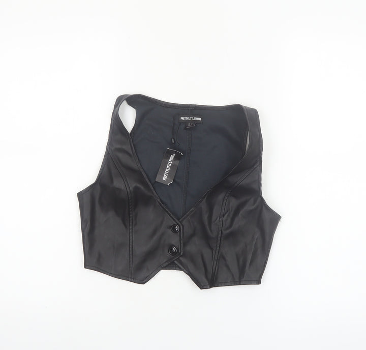 PrettyLittleThing Women's Black Faux Leather Cropped Vest Top UK 6