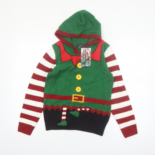 Next Boys Green Elf Hooded Christmas Jumper 10 Years Acrylic Knit
